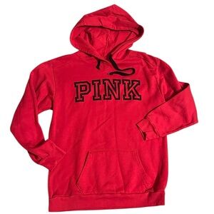 PINK Red Hoodie Sweatshirt with Black Logo, Womens Size S but oversized